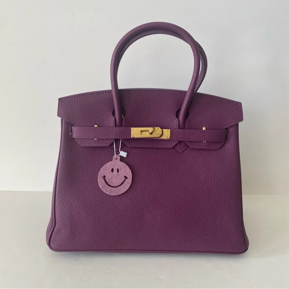*FLAW Purple Anemone Leather 30 Top Handle Bag Satchel w/ Gold Lock Key C8-1